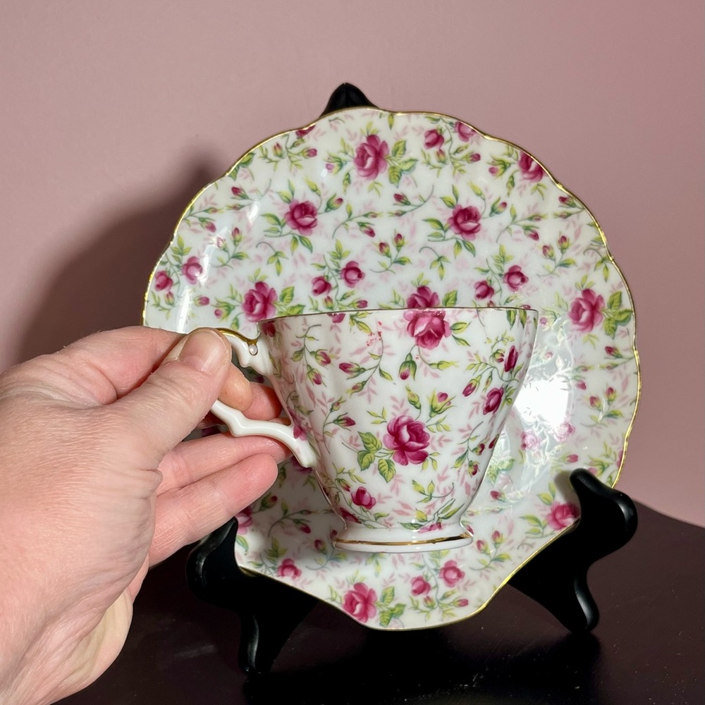 Lefton Pink chintz Rose cup and Saucer Snack Set   - stunning set